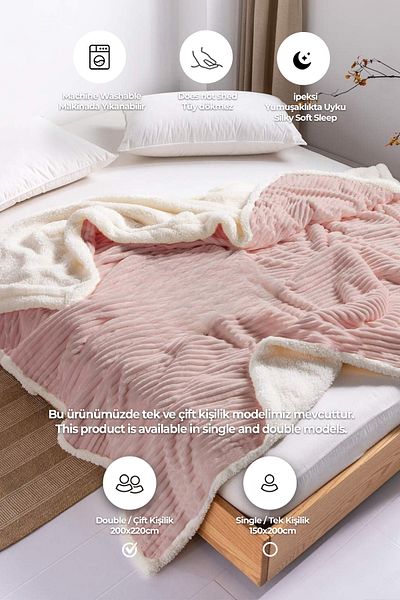 Evlen Home Collection Sherpa Blanket Double Striped Soft Plush Wellsoft Bedspread Powder