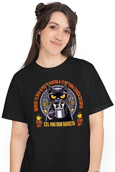 StoryGift Romania Tricou Femei Pisica in costum cu cafea cel mai bun barista ...