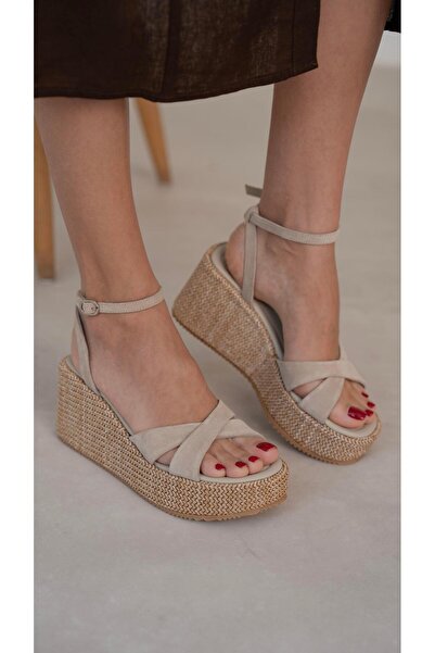 ECENİN BUTİĞİ Pescare Bej Süet Hakiki Deri Sandalet