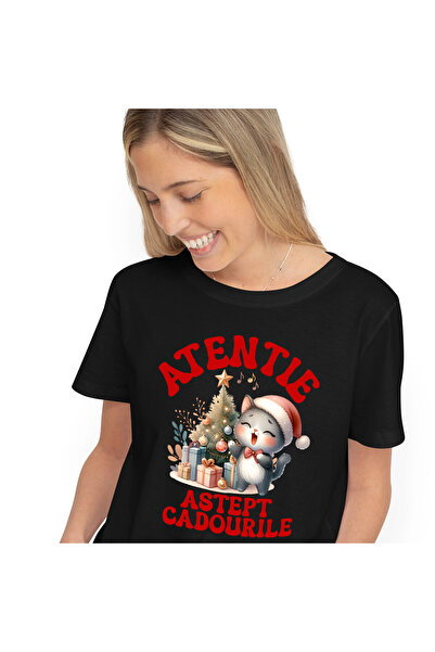 StoryGift Romania Tricou Femei cu Pisica Cu Caciula de Mos Cantand Langa Brad...