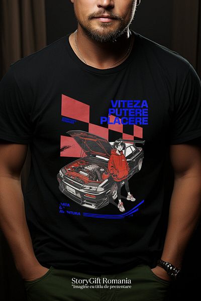 StoryGift Romania Men's T-shirt with Anime Style Girl With Red Hoodie Next to a Powerful Engine Car,Black_L