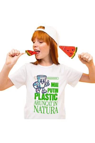 StoryGift Romania Tricou Copii cu Pahar De Plastic Cu Planeta Pamant Vesel Poluare, Plastic, Urban,White_4ANI