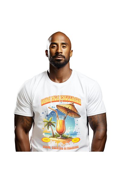 StoryGift Romania Men's T-shirt with Elegant Glass of Fresh Oranges on the Sand Tropical Beach, Va, White_S