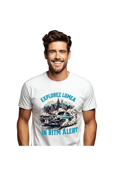 StoryGift Romania Tricou Barbati cu Masina Viteza Tunata Vintige Albastra Oras Cu Cladiri Inalte c,White_L