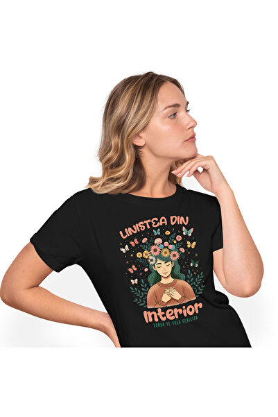 StoryGift Romania Tricou Femei cu Fata coroana De Flori Multicolore, Fluturi, Copii cu imprimeu pe,Black_S