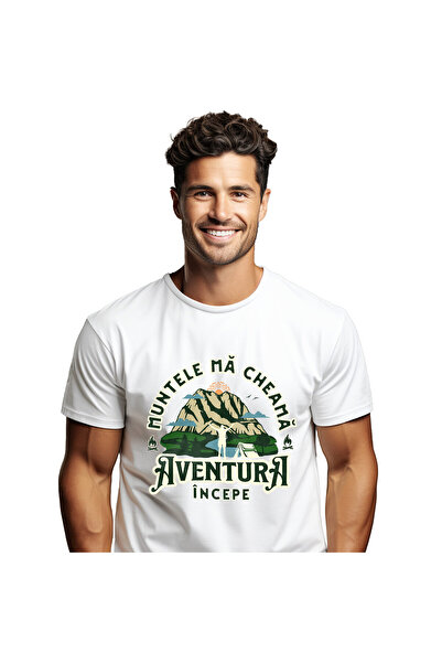 StoryGift Romania Tricou Barbati cu Munte Inalt Silueta barbat Cu Cortul, Rau Albastru, Natura, Ap,White_XS