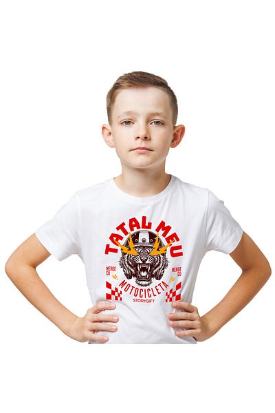 StoryGift Romania Children's T-shirt with Angry Tiger with Helmet Long Fangs Motorcycle Family, White_10 YEARS