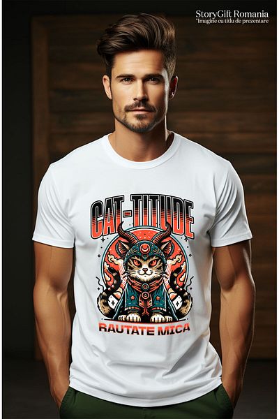 StoryGift Romania Tricou Barbati cu Pisica Bizara Stil asiatic Ochii Rosi, Diavol Doua Cozi, Motan,White_XL