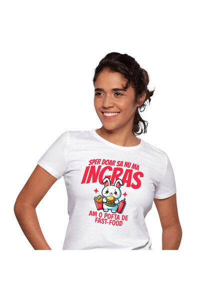 StoryGift Romania Tricou Femei cu Iepure Alb Blajin Cu Fast Food Burger Si Ca...