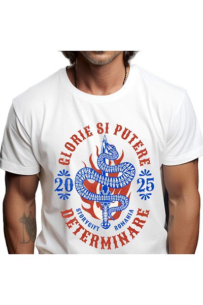 StoryGift Romania Men's T-Shirt with Dangerous Snake With Sword Motivational Glory Power Determination,White_M