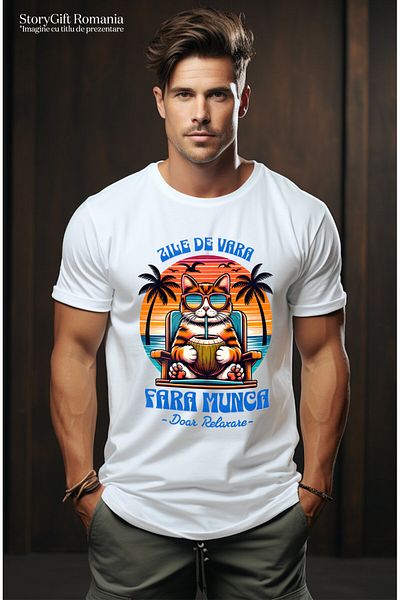 StoryGift Romania Men's T-Shirt with Orange Cat with Sunglasses on a Sunbed with Walnut, White_M