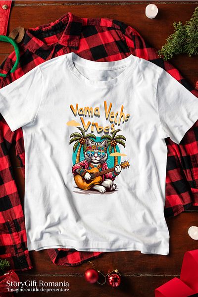 StoryGift Romania Tricou Femei Vama Veche Vibes - Pisica Canta La Chitara, Plaja, cu imprimeu pe WHT_L