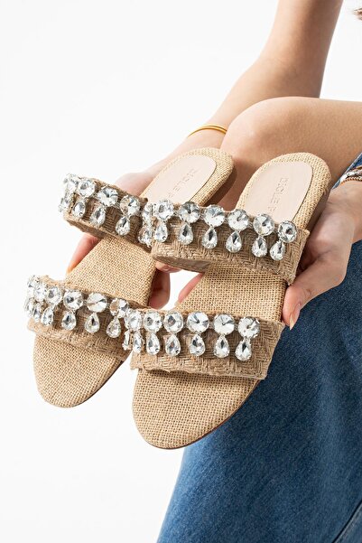 diclepolat Women's Stoned Daily Straw Flat Sole Slippers Fabin Beige