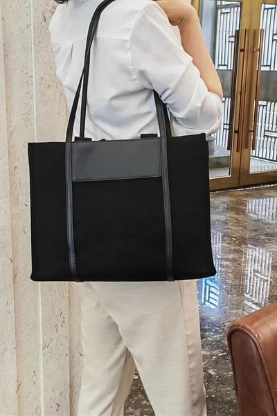 Madamra Black Women's Leather Detailed Canvas Tote Bag