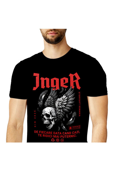 StoryGift Romania Tricou Barbati cu Craniu Uman Aripi Negre Inger Motivationa...