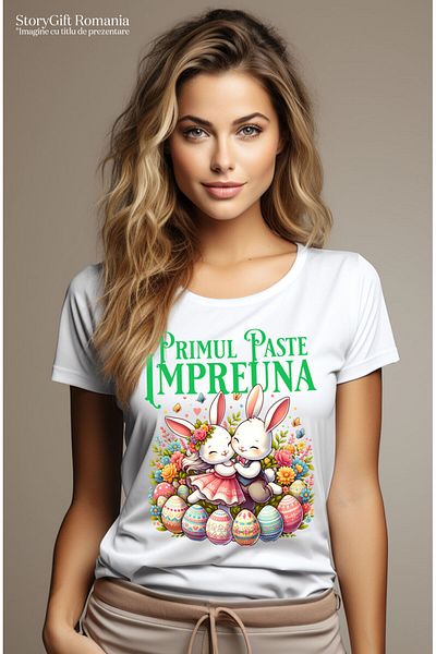 StoryGift Romania Tricou Femei cu Cuplu Fericit Iepuri Indragostiti Oua Colorate Paste, Flori Mult,White_XL