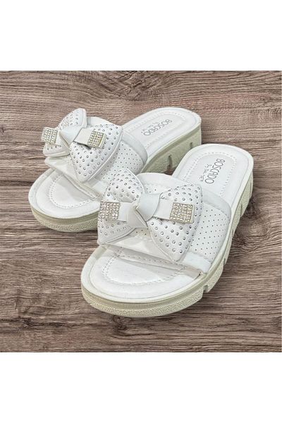 Daye Women's White Beige Orthopedic Sole Stone Bow Light Sole Slippers