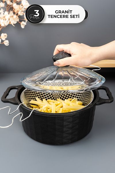 Skygo 3 Piece Black Cast Granite Frying Pot 24 cm – with Oil Strainer, Glass Lid, Fireproof Non-Stick