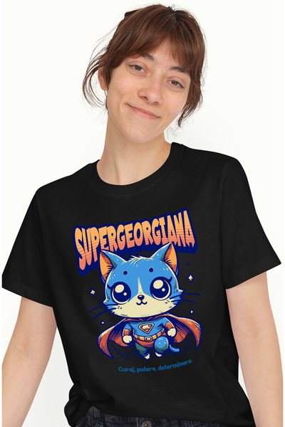 StoryGift Romania Tricou Femei Super Georgiana, SuperErou, Pisica Zburand, cu...