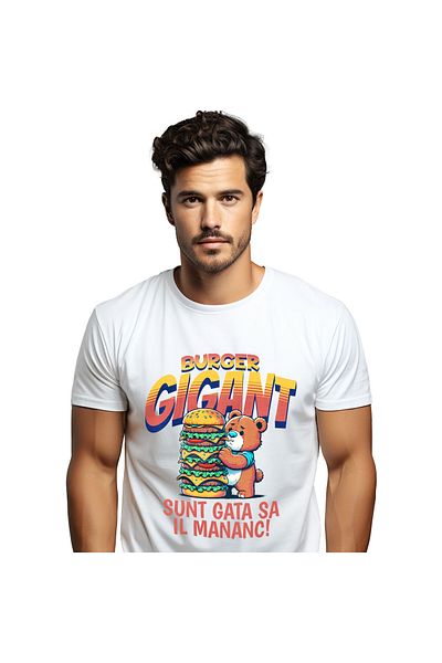 StoryGift Romania Tricou Barbati cu Urs De Plus Cu Burger Gigant Fast Food mancare Animal cu impri,White_M