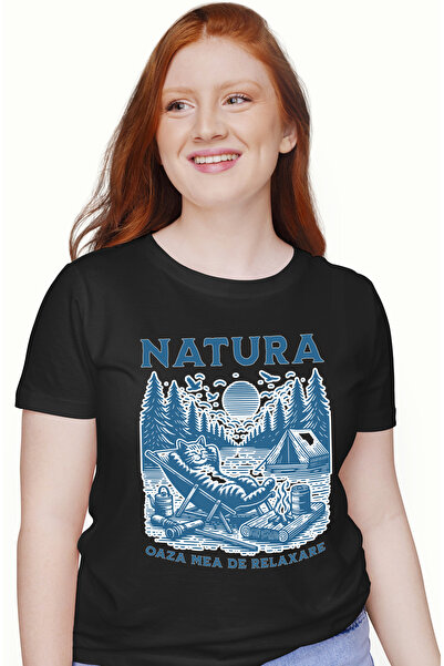 StoryGift Romania Tricou Femei pisica in natura relaxare cu cortul padure cer...