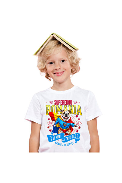 StoryGift Romania Children's T-shirt with Bulldog Dog in Captain Romania Costume with Cape, Hero of the Night, White_6 YEARS