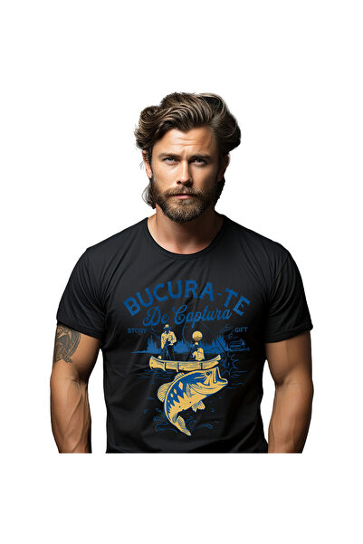 StoryGift Romania Tricou Barbati cu Silueta barbati In Barca Pescuit Undita P...