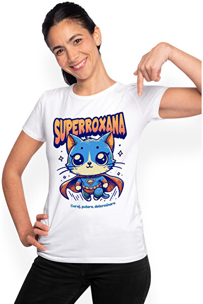 StoryGift Romania Tricou Femei Super Roxana, SuperErou, Pisica Zburand, cu imprimeu pe Fata, 100% WHT_XS