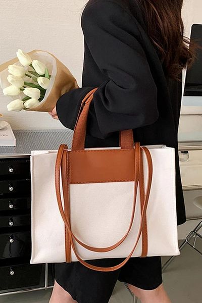 Madamra Tan-Cream Women's Leather Detailed Canvas Tote Bag
