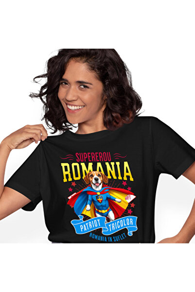 StoryGift Romania Women's T-shirt with boxers Dog in Captain Romania Costume with Cape, Hero Noctu, Black_XL