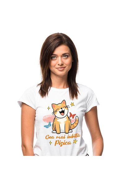 StoryGift Romania Women's T-Shirt with Cheerful Orange Cat with Furry Animal Smile, Lovers of M,White_M