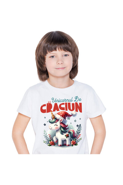 StoryGift Romania Tricou Copii cu Unicorn Vesel Roz Cu Caciula De Mos Craciun...