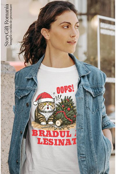 StoryGift Romania Tricou Femei cu Pisica Grasa Cu Caciula Mos craciun, Bradul Cazut, Daramat, Anim,White_XL