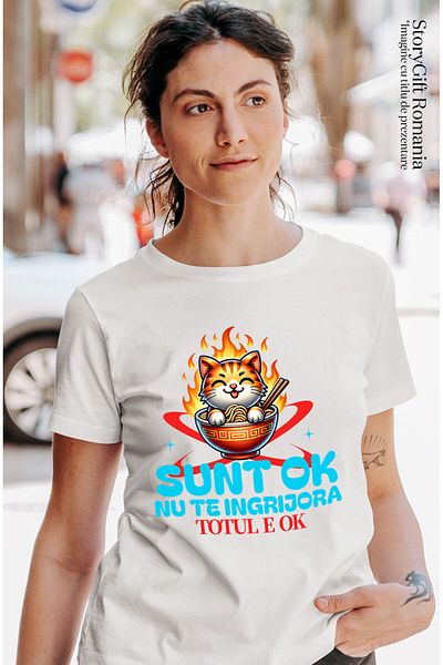 StoryGift Romania Women's T-shirt with Orange Cat in Hot Bowl with Noodles in Flames, White_M