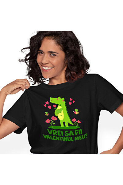 StoryGift Romania Tricou Femei cu Crocodil Romantic Cu Trandafir Roz Si Papion, Valentine's Day cu,Black_XL