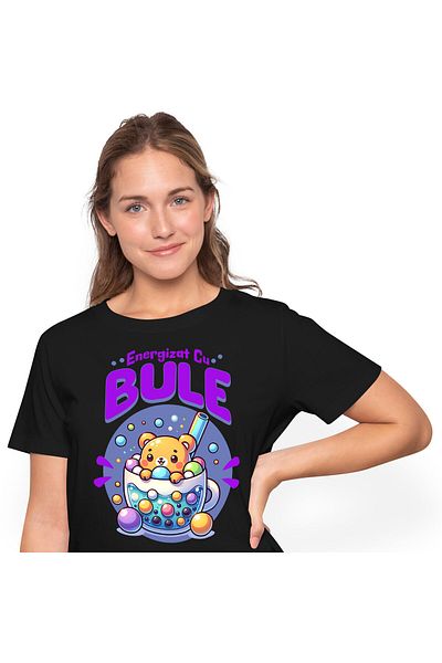 StoryGift Romania Tricou Femei cu Ursulet Maro De plus In Pahar Cu Ceai Cu bule Colorate, Bautura ,Black_XL