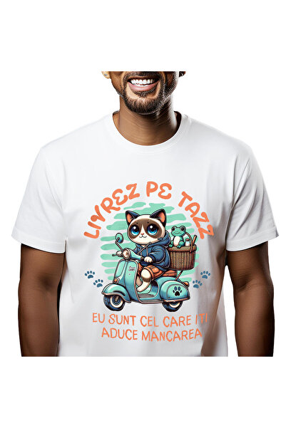 StoryGift Romania Tricou Barbati cu Pisica Pe Scuer Albastru Cu Cos De Picnic...