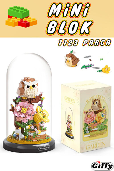 giffy Dekoratif Fanuslu Kuş Bahçesi Yapı Mini Blok Gül Çiçek Baykuş ve Gül Fi...