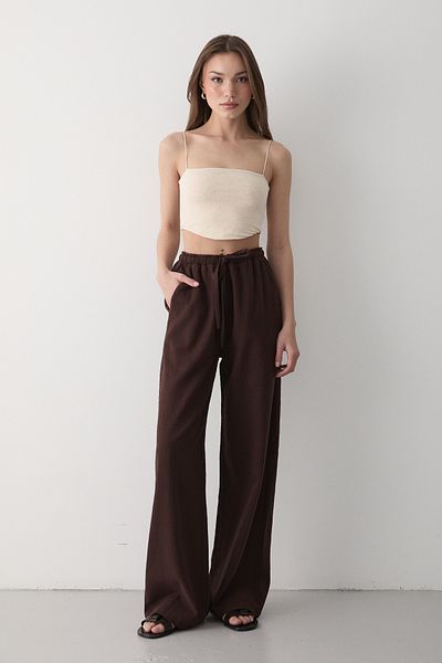 JASTE Women's Brown Elastic Wide Leg Palazzo Linen Trousers