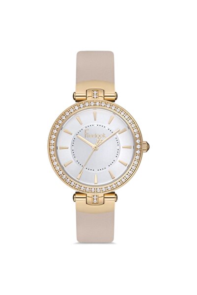 Freelook Kadın Rose Gold-beyaz Çelik Kasa Yuvarlak Kadran Deri Kordonlu Kol Saati Quartz Mekanizma Analog Ekr