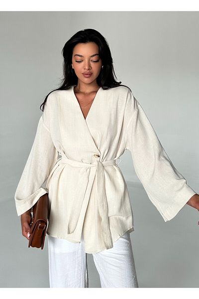 Laluvia Kimono lniane w kolorze kamienia – 100% bawełny, z guzikami i paskiem