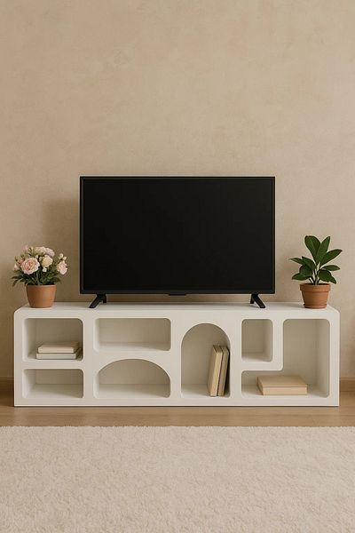 MARIA HOMES حامل تلفزيون هندسي حديث باللون الأبيض مع أرفف عرض مفتوحة - 160 × 40 × 50 سم