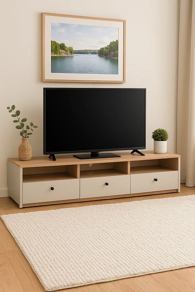 MARIA HOMES Modern Low-Profile TV Stand in Wood & White Finish – 160x40x40 cm Storage Console