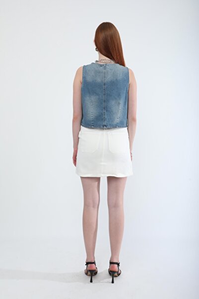 BANNY JEANS Γυναικείο γιλέκο τζιν με λαιμόκοψη V με κουμπί 100% βαμβάκι