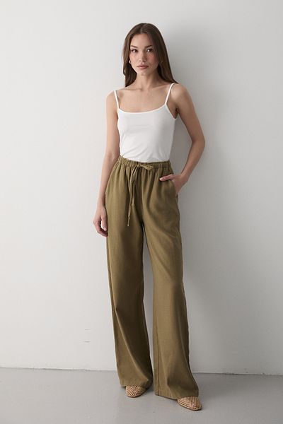 JASTE Women's Dark Khaki Elastic Waist Wide Leg Palazzo Linen Trousers