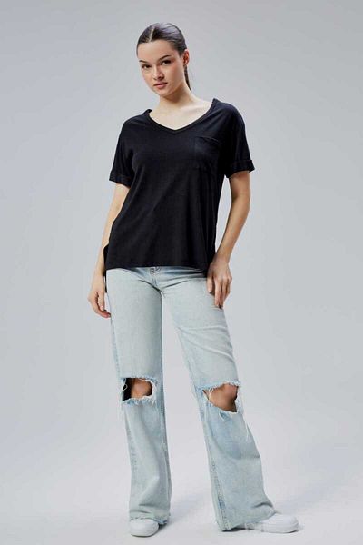 DOSXX Storm 1St Quality Women's 100% Cotton Combed Comfortable Cut Pocket V-Neck Slit T-Shirt