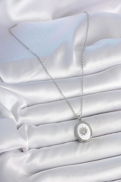 Clariss 316L Steel Silver Color White Enamel Sun Engraved Evil Eye Bead Detail Medallion Model Women's Necklace