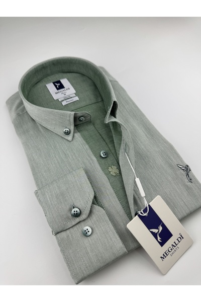 MEGALDİ Erkek Slim Fit Kesim Tansel Yeşil Uzun Kollu Gömlek