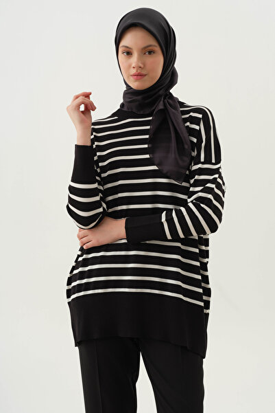 Tuğba Çizgili Triko Kazak - Siyah