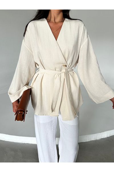 Laluvia Kimono lniane w kolorze kamienia – 100% bawełny, z guzikami i paskiem